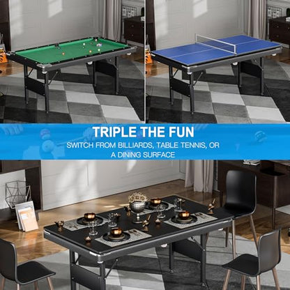 3 in 1 Billiard Table, 64" Folding Pool Table with Ping Pong Table and Dining Top, Multi Game Table Includes Billiard Accessories and Tennis Paddles for Family Game Room, Basements - color: Green