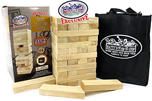 Mɑtty's Toy Stop Deluxe 51pc Giant Wood Tower Stacking Game with Storage Bag (Starts 17" Tall)