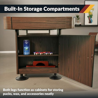 Hathaway Challenger Shuffleboard Table for Family Arcade Game Room - with Poly-Coated Playfield, Built-in Scorer & Cabinet, Climate Adjusters, Leg Levelers, 8 Pucks, Brush & Wax - Walnut Finish - size: 12-foot