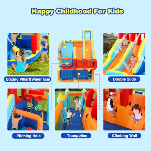 JOYLDIAS Inflatable Water Slide Park, Giant Bounce House with 450W Blower, Climbing Wall, Dual Basketball Hoops & Ring Toss Games - Outdoor Backyard Jumper for Kids Ages 3+ - color: 9 in 1