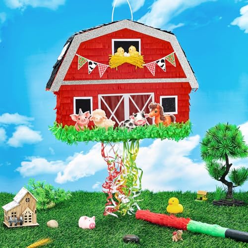 WERNNSAI Red Farm Animal Piñata - Farm Baby Shower Decorations Animal Piñata Party Game for Kids Birthday Celebrations Milk Farm Party Favor Supply with Bat Blindfold - style: Farm Animal