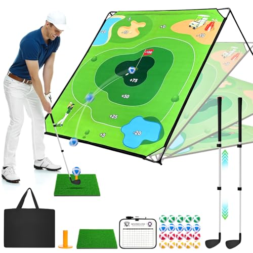 URUQ Golf Chipping Game with Large Target Mat, 2 Upgraded Adjustable Golf Clubs, 25 Sticky Balls, Outdoor Indoor Sports Toy Gift for Adults Kids, Fun Family Backyard Yard Golf Game Set
