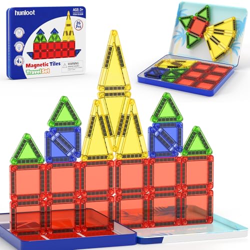 Magnetic Tiles Mini Building Blocks STEM Toys for 3-8 Year Olds, 26PCS Travel-Friendly Set with Storage Iron Box, Educational Construction Playset for Toddlers, Birthday Gift for Boys & Girls - style: 26PCS Blue