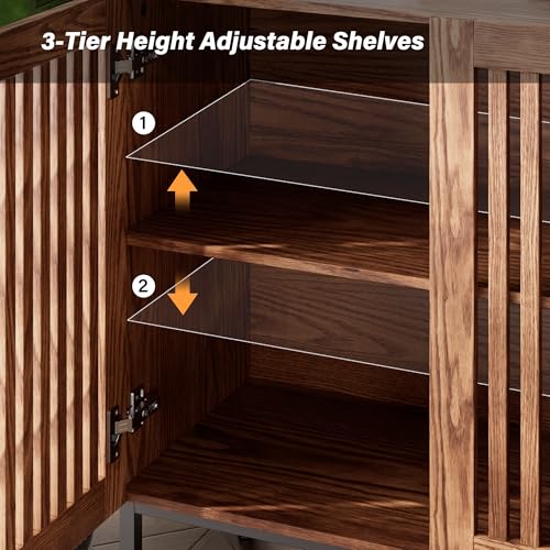 BVIUNTWO Modern Storage Cabinet with Slatted Doors,Sideboard Buffet Cabinet with Adjustable Shelf and Metal Legs for Kitchen,Dining Room,Living Room,63 Inch,Brown - size: 63 Inch