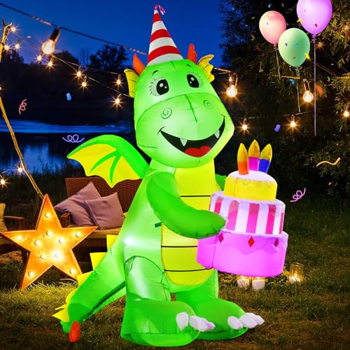 DomKom [New] 6FT Inflatables Birthday Dinosaur Cake Outdoor Decorations,Build-in LED Lights, for Happy Birthday Party Outdoor,Indoor,Garden Yard Lawn Décor - color: Dinosaur