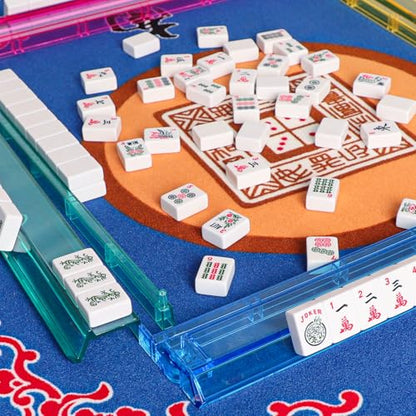 American Mahjong Game Set, 166 White Tiles, 4 All-in-One Color Rack/Pushers, Complete Mahjong Tile Set Red Printed Carrying Bag - color: Red
