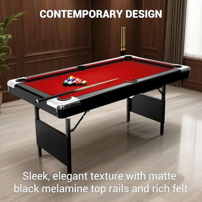 7 Foot Pool Table for Family, Foldable No Assembly Pool Table with Balls, Cues, Chalk, Rack & Brush, Portable Billiards Game Table for Apartment, Basement, Office & Game Room - size: Red-6FT