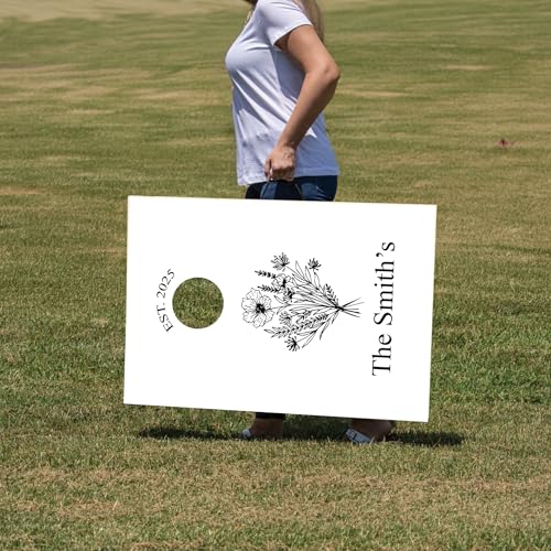 Custom Wedding Cornhole Set Black and White Floral Bag Toss with Personalized Names and Wedding Date - Wedding Reception Games