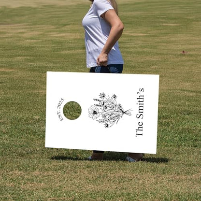 Custom Wedding Cornhole Set Black and White Floral Bag Toss with Personalized Names and Wedding Date - Wedding Reception Games