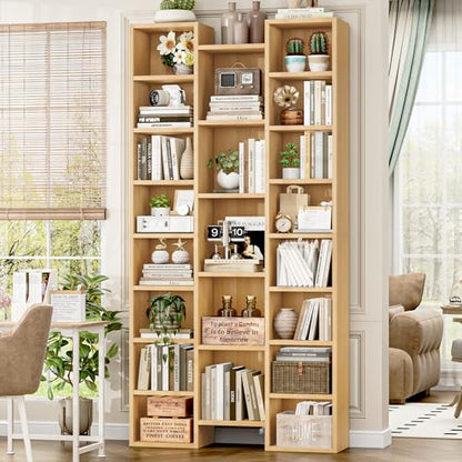 FOTOSOK 71'' Tall Bookshelf with 21 Cubes, 8 Tier Triple Wide Bookshelf with 8 Adjustable Shelves, 35" Wood Bookcase DVD/CD Media Tower Storage, Freestanding Display Shelf Cabinet, Natural - color: Natural