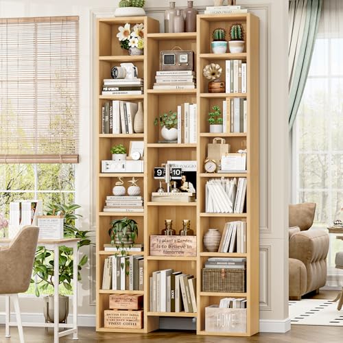 FOTOSOK 71'' Tall Bookshelf with 21 Cubes, 8 Tier Triple Wide Bookshelf with 8 Adjustable Shelves, 35" Wood Bookcase DVD/CD Media Tower Storage, Freestanding Display Shelf Cabinet, Natural - color: Natural