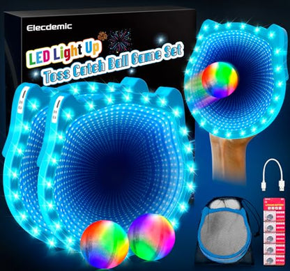 3D LED Light Up Toss Catch Ball Game Set Toys for Back Yard Outdoor Party Favors Glow in Dark Sticky Paddle Baseball Gift Age 5 6 7 8 9 10 11 12 Years Old Girls Boy Kid Family Adult - color: Blue 2 Paddle 2 Balls