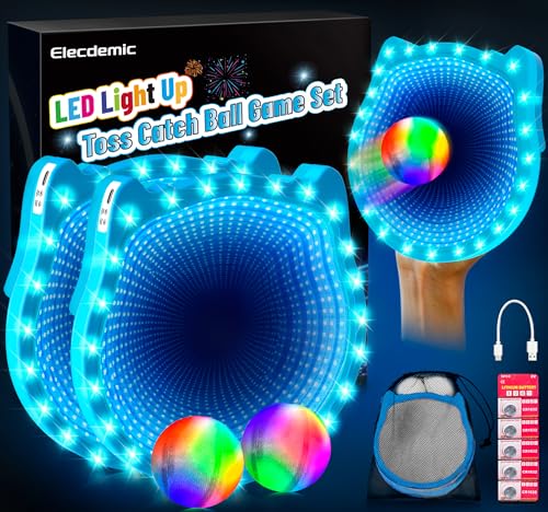 3D LED Light Up Toss Catch Ball Game Set Toys for Back Yard Outdoor Party Favors Glow in Dark Sticky Paddle Baseball Gift Age 5 6 7 8 9 10 11 12 Years Old Girls Boy Kid Family Adult - color: Blue 2 Paddle 2 Balls
