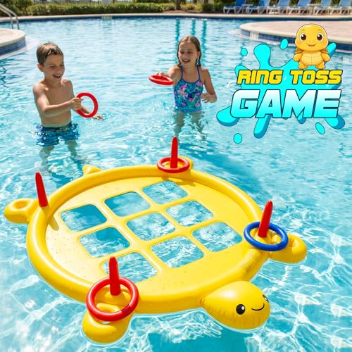 2 in 1 Pool Toys Games Set Inflatable Tic Tac Toe with Cup Holder, Potato Sack Race Bags for Kids Adults, Egg Spoon Relay Race, 3 Legged Race Bands, Ring Toss, Outdoor Yard Carnival Field Day Game