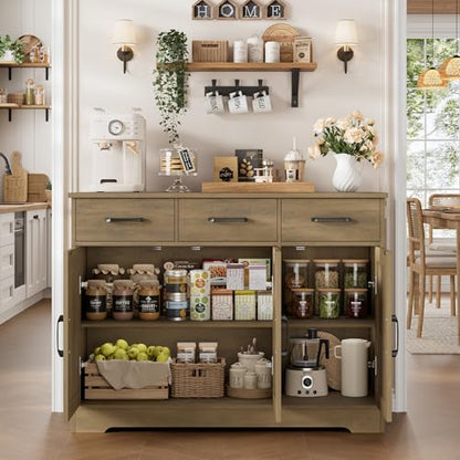 HOSTACK Modern Farmhouse Buffet Sideboard Cabinet, Barn Doors Storage Cabinet with Drawers and Shelves, Wood Coffee Bar Station for Dining Room, Kitchen, Living Room, Rustic Brown - color: Rustic Brown