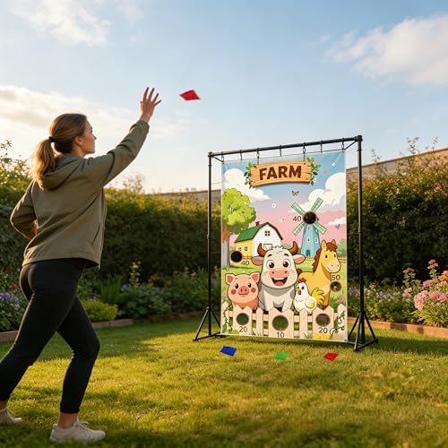 Farm Animals Toss Game Birthday Party Supplies Bean Bag Toss Game for Adults, Washable Heavy Duty Outdoor Indoor Throwing Theme Party Game Banner with 3 Bean Bags and 19.6ft String
