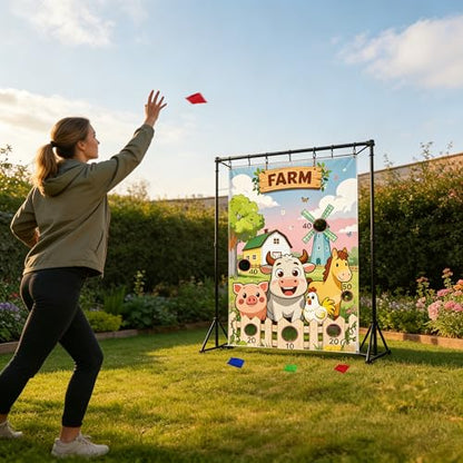 Farm Animals Toss Game Birthday Party Supplies Bean Bag Toss Game for Adults, Washable Heavy Duty Outdoor Indoor Throwing Theme Party Game Banner with 3 Bean Bags and 19.6ft String