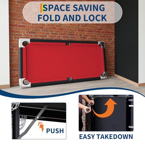 7FT Space-Saving Folding Pool Table for Adults & Kids red Felt, Complete Accessory Set, Easy to Store – Portable Billiards Table for Game Rooms and Arcades