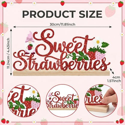 Sweet Strawberries Summer Table Decorations Red Strawberries Metal Table Sign with Wooden Base Cute Summer Tiered Tray Decor Strawberry Tabletop Centerpiece for Kitchen Home Party Centerpieces - style: Sweet Strawberries