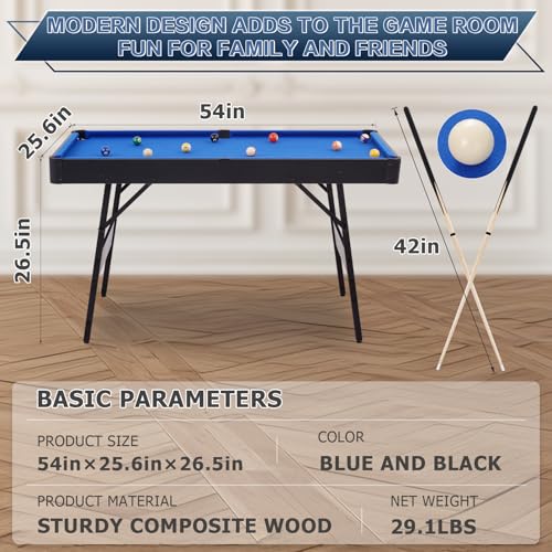 Folding Pool Table, Portable Billiard Game Tables for Kids and Adults, Mini Pool Table with Locking Legs, Adjustable Feet, Balls, Cues, Triangle, Chalk, Brush - color: 54-inch/Blue & Black