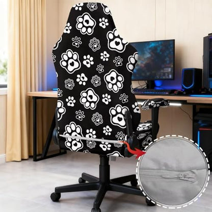 Dog Paw Print Gaming Chair Covers Slipcovers Computer & Gaming Chair Slipcover with 2 Armrest Covers Dust-Proof Machine Washable Home Decorations - color: Black and White - Dog Paw