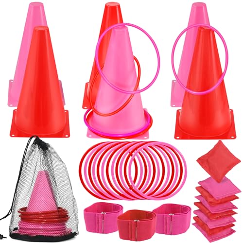 33Pcs Large 4 in 1 Valentines Day Games for Kids with Ring Toss, Plastic Cones, Bean Bags, 3-Legged Race Bands, Carnival Valentine's Games Activity Combo Set for Classroom Indoor Outdoor Party Yard - color: Valentine's Pink-Large