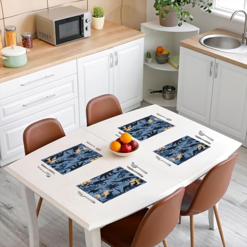 Erosebridal Set of 4 Dinosaur Placemats 12X18 Inch,Cartoon Wild Animals Wildlife Place Mats for Youth Teens Boys Kids Child,Natural Coconut Tree Silhouette Waterproof Placemats for Kitchen Table - color: Grayish Blue Yellow Black