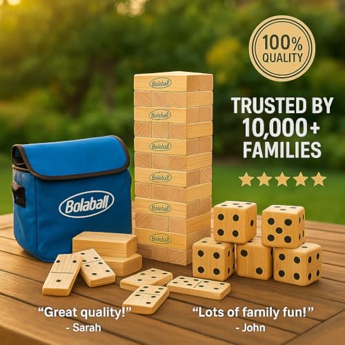 Bolaball Extreme Fun Pack Including 45 Giant Tumbling Blocks, 28 Giant Dominoes, and 6 Giant Dice, Giant Outdoor Games for Family Fun, Set of 3, Classic Block Giant Outdoor Game for 13+ Age Group