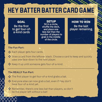 Grandma Smiley's Hey Batter Batter, Baseball Card Games for Kids 8-12, Card Games for Adults and Families, Family Card Games - 2-5 Players, 52 Custom Cards, 4 Mini Baseball Bats - Made in The USA