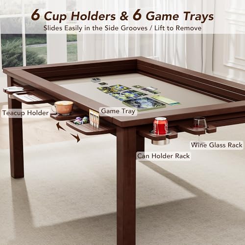 Convertible Board Game Table for 4-6 Players, Spacious Gaming Space w/Clean-Edge Table Top, Non-Slip Play Mat, Cup Holder & Game Tray, Dining Table w/Storage for DND, Poker Card, Family Dinner