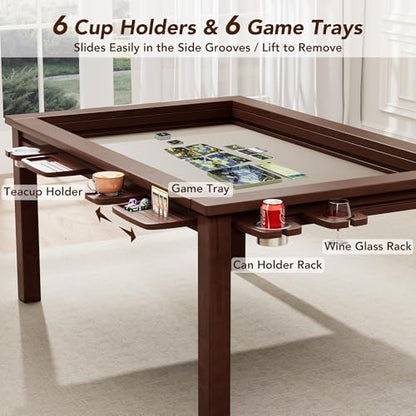 Convertible Board Game Table for 4-6 Players, Spacious Gaming Space w/Clean-Edge Table Top, Non-Slip Play Mat, Cup Holder & Game Tray, Dining Table w/Storage for DND, Poker Card, Family Dinner