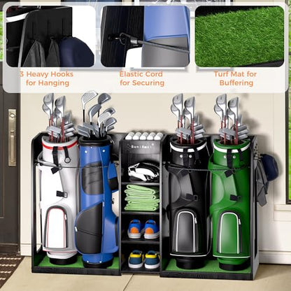 SuniBoxi Golf Organizer for Garage, XL Wooden Golf Bag Storage Rack for 4 Bags, Clubs, Balls & Equipment, Heavy-Duty Golf Bag Holder, Ideal Gift for Golfers, Dad, Husband(4 Bags,Dark Black) - size: 4 Bags