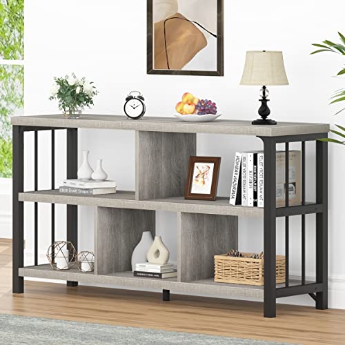 IBF Industrial Horizontal Bookshelf, Modern 5 Cube Storage Organizer Open Shelf, Low Wide Cubby Bookcase for Home Office Living, Wooden Metal Short Book Shelf Bedroom Storage, Light Grey Oak, 47 Inch - color: Light Grey Oak, size: 47 inch