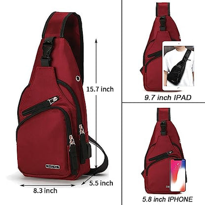 Seoky Rop Men Women Sling Backpack Nylon Water Resistant Shoulder Chest Crossbody Sling Bag with USB Charging Port - color: Red