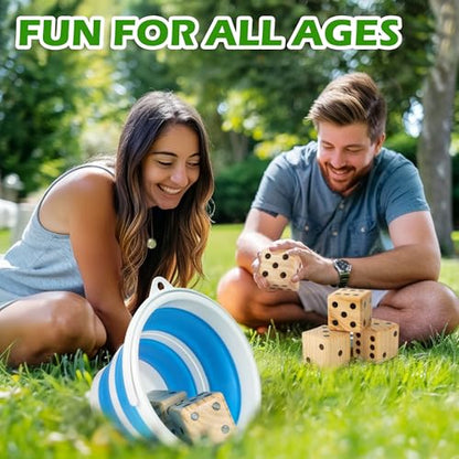 ropoda 3.5" Giant Wooden Yard Dice Set for Outdoor Fun, Barbeque, Party Events, Backyard Games, Lawn Games Includes 6 Dice, Collapsible Bucket, Score Cards & Dry Erase Marker