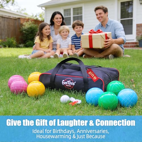 Bocce Ball Set for Backyard Lawn Beach Outdoor Games, Complete with 8 Solid Resin Bocci Balls, Pallino, Measuring Rope & Carry Bag, Multicolor for 2-8 Players (100mm)