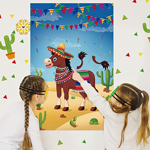 Hxezoc Pin The Tail On The Donkey Party Game with 50 Pcs Tails Large Mexican Donkey Games Poster for Kids Birthday Party Carnival Fiesta Party Supplies