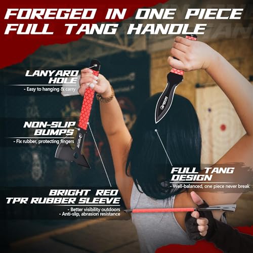 Dream Reach Throwing Axe Set - 6PCS Full Tang Throwing Hatchet with TPR Rubber Sleeve and Protective Sheaths for Recreation and Competition Game - color: Red Set of 6