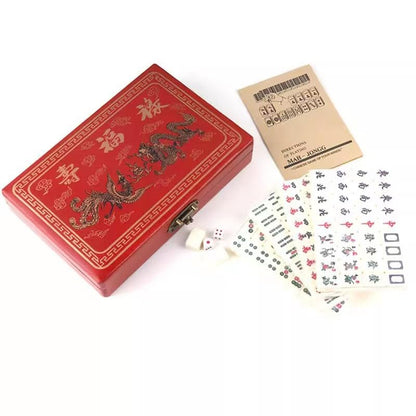 Chinese Mahjong Set | 146PCS Mini Tiles，0.87" x 0.59" x 0.47" Tiles, 2PCS Dot Dice, 6.7" Wooden Carry Case, For Travel, Family Gathering, Party