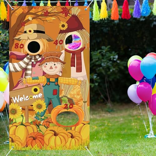 Happy Thanksgiving Toss Game Banner with 3 Bean Bags Scarecrow Bean Bag Toss Games Thanksgiving Game Decoration Thanksgiving Turkey Harvest Party Games for Adult Party Supplies