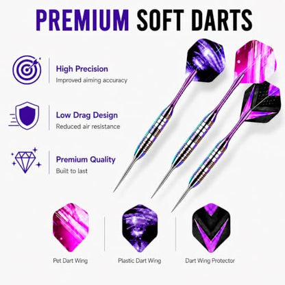 Darts Metal Tip Set - 3 Pack Steel Tip Darts with Aluminum Shafts, 9 Flights, 12 O Rings, Sharpener and Carrying Case for Bristle Dart Boards, Adults and Beginner & Pro Players