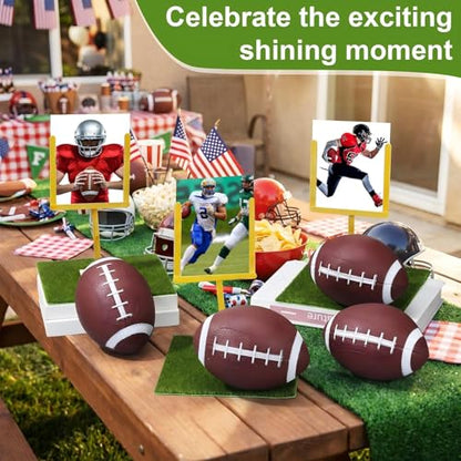 6 Set Football DIY Table Centerpiece Decor Set Includes Mini Footballs, Artificial Turf, Rugby Hoop Photo Goalposts, Football Tabletop Centerpiece Decoration for Game Birthday Party Favors