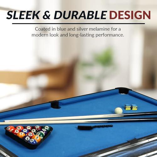 Hathaway Breakout 40-in Tabletop Billiards Set for Dining or Game Tables – Compact Blue Pool Playing Surface with Cue Sticks, Ball Kit, Triangle, Chalk & Brush – Lightweight Portable Indoor Fun