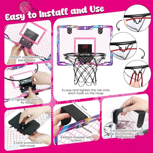 LovesTown Pink Indoor Mini Basketball Hoop, for Girls Ages 4-12, Over The Door Hoop with LED Lights & Electronic Scoreboard, 4 Balls, DIY Stickers, Sports Toys for Family Game Night - style: Charming