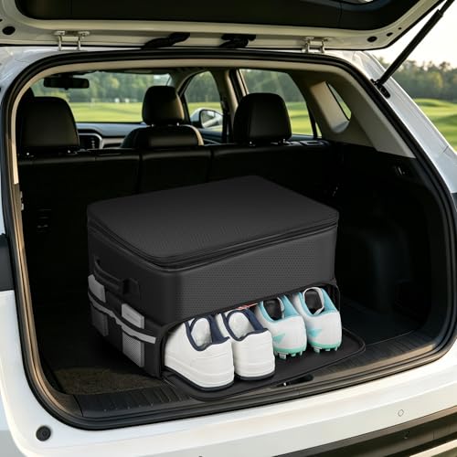 Golf Trunk Organizer Waterproof Car Golf Storage with Ventilated Compartment for 2 Pairs of Shoes, Ideal for Golf Balls Tees Caps Clothes Gloves and Accessories Golf Gift for Men and Women