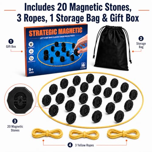 Magnet Game with String, 20 Full-Size Magnetic Stones & 3 Ropes, Portable Magnetic Chess Strategy Game for Family Game Night, Party, Travel, Camping, Kids, Teens & Adults