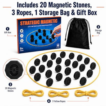 Magnet Game with String, 20 Full-Size Magnetic Stones & 3 Ropes, Portable Magnetic Chess Strategy Game for Family Game Night, Party, Travel, Camping, Kids, Teens & Adults