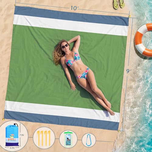 BYDOLL Beach Blanket Waterproof Sandproof Large Sand Free,78''X81''/10'X9' Oversized Sandless Lightweight Blanket Picnic Mat for Beach Travel Camping Hiking with Stakes - color: Army Green, size: 10'X9'