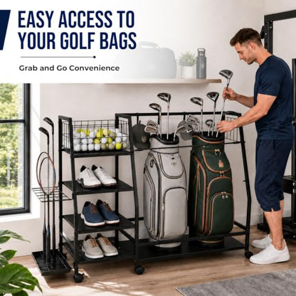 Golf Bag Storage Rack, Heavy Duty Golf Organizer with 4 Storage Zones & Lockable Wheels, Multi-Function Golf Bag Stand for Garage Basement Golf Club