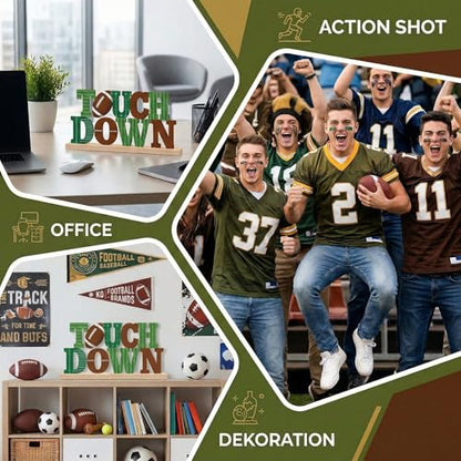 Touch Down Football Table Decorations Game Day Metal Table Sign with Wooden Base Football Sports Theme Tabletop Centerpieces for Man Boys Super Bowl Tiered Tray Decor Party Room Decor - style: Touch Down Football